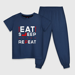 Пижама хлопковая детская Надпись eat sleep Quake repeat, цвет: тёмно-синий