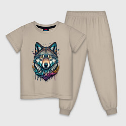 Пижама хлопковая детская Лесной яркий волк, цвет: миндальный
