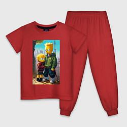 Пижама хлопковая детская Барт Симпсон с Мэгги в мегаполисе, цвет: красный