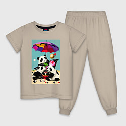 Пижама хлопковая детская Три панды под цветным зонтиком, цвет: миндальный