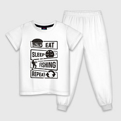 Пижама хлопковая детская Eat sleep fishing repeat, цвет: белый