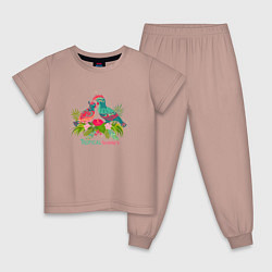 Пижама хлопковая детская Влюбленные попугаи среди тропических листьев, цвет: пыльно-розовый