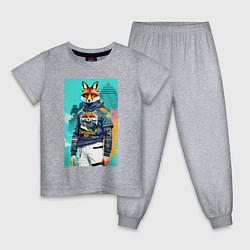 Пижама хлопковая детская Лис-модник - нейросеть - акварель, цвет: меланж