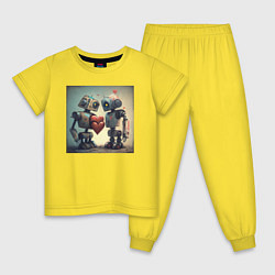 Пижама хлопковая детская Два робота с сердцем, цвет: желтый
