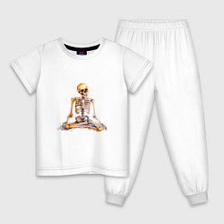 Пижама хлопковая детская Скелет в позе лотоса, цвет: белый