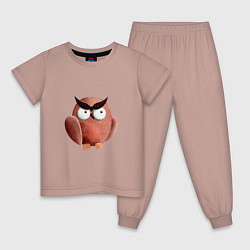 Пижама хлопковая детская Сердитая сова с круглыми глазами, цвет: пыльно-розовый