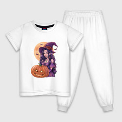 Пижама хлопковая детская Хэллоуин - ведьма с тыквой, цвет: белый