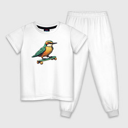 Пижама хлопковая детская Птица катается на скейте, цвет: белый
