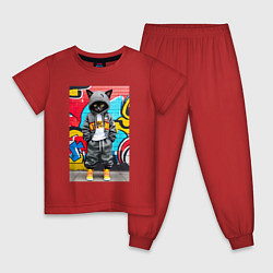Пижама хлопковая детская Уличный котёнок хулиган на фоне граффити - нейросе, цвет: красный