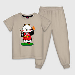 Пижама хлопковая детская Кот с веером, цвет: миндальный