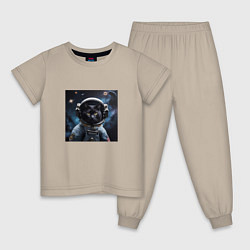 Пижама хлопковая детская Черный котик космонавт, цвет: миндальный