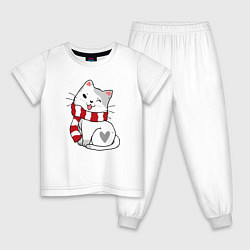 Пижама хлопковая детская Белый новогодний котик, цвет: белый