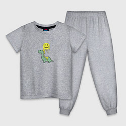 Пижама хлопковая детская Мультяшный динозавр и стекающий смайлик, цвет: меланж