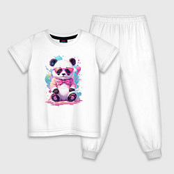 Пижама хлопковая детская Милая панда в розовых очках и бантике, цвет: белый