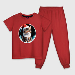 Пижама хлопковая детская Кот породы Американский бобтейл в новогодней шапке, цвет: красный