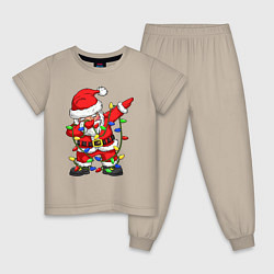 Пижама хлопковая детская Санта Клаус и гирлянда, цвет: миндальный