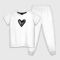 Пижама хлопковая детская Рисованное чёрное сердце парное, цвет: белый