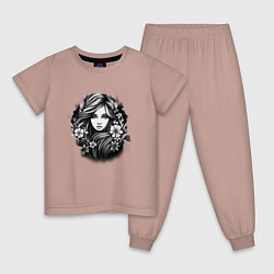 Пижама хлопковая детская Чёрно белая девушка, цвет: пыльно-розовый