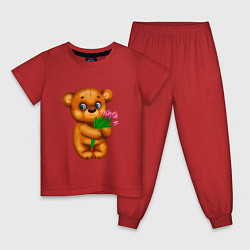 Пижама хлопковая детская Плюшевый мишка с букетом, цвет: красный