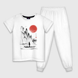 Пижама хлопковая детская Традиционный японский пейзаж с рыбаком и горами, цвет: белый