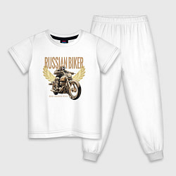 Пижама хлопковая детская Русский байкер на мотоцикле, цвет: белый