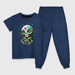Пижама хлопковая детская Скелет и звёзды зелёный, цвет: тёмно-синий
