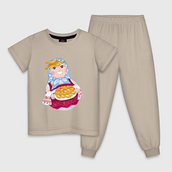 Пижама хлопковая детская Матрешка хозяйка в русском стиле с пирогом, цвет: миндальный