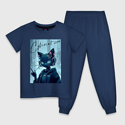 Пижама хлопковая детская Cybercat 2099 - ai art, цвет: тёмно-синий