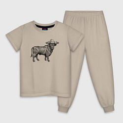 Пижама хлопковая детская Бык в новогодней шапке, цвет: миндальный