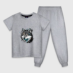 Пижама хлопковая детская Портрет волка с брызгами краски, цвет: меланж