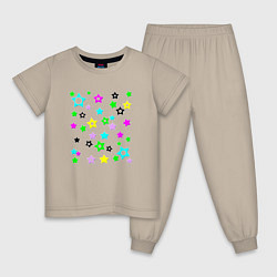 Пижама хлопковая детская Разноцветные неоновые звезды, цвет: миндальный