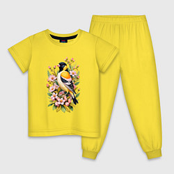 Пижама хлопковая детская Черноголовый щегол среди цветов, цвет: желтый