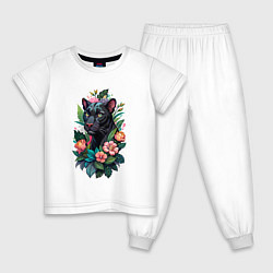 Пижама хлопковая детская Черная пантера среди цветов, цвет: белый
