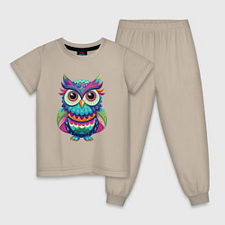 Пижама хлопковая детская Психоделическая сова, цвет: миндальный