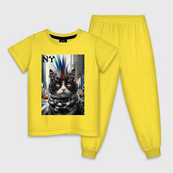 Пижама хлопковая детская Кот панк с разноцветным хаером - Нью-Йорк, цвет: желтый