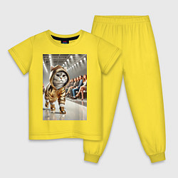 Пижама хлопковая детская Серый кот модель на подиуме, цвет: желтый