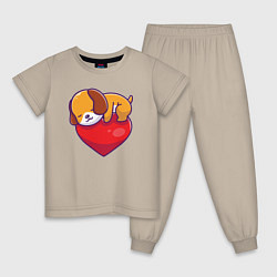 Пижама хлопковая детская Собачка обнимает сердце, цвет: миндальный