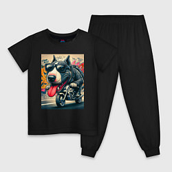 Пижама хлопковая детская Бультерьер управляет мотоциклом - граффити, цвет: черный