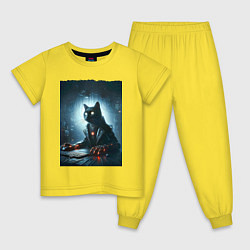 Пижама хлопковая детская Кибер кот за компьютером - неоновое свечение, цвет: желтый