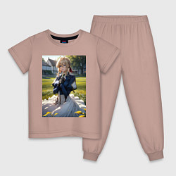 Пижама хлопковая детская Вайолет Эвергарден на лугу, цвет: пыльно-розовый