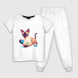Пижама хлопковая детская Игривый сиамский котик, цвет: белый