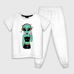 Пижама хлопковая детская Девочка инопланетянин с телефоном, цвет: белый