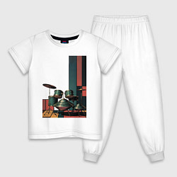 Пижама хлопковая детская Ретрофутуристическая барабанная установка поп-арт, цвет: белый
