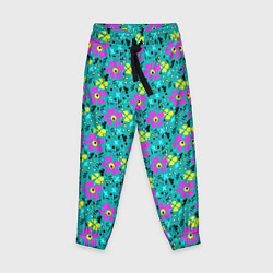 Детские брюки Яркий цветочный узор на бирюзовом фоне