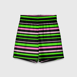 Детские шорты Полосаты узор в зелено-розовых оттенках на черном