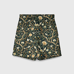 Шорты детские Узор с птицами зеленый, цвет: 3D-принт