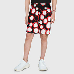 Шорты детские Красно-белые шестиугольники на чёрном фоне, цвет: 3D-принт — фото 2