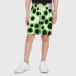 Шорты детские Чёрно-зелёные шестиугольники на белом фоне, цвет: 3D-принт — фото 2