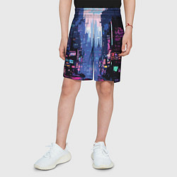 Шорты детские Киберпанк город розовый, цвет: 3D-принт — фото 2