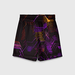 Шорты детские Жёлто-фиолетовые точки и линии на чёрном фоне, цвет: 3D-принт